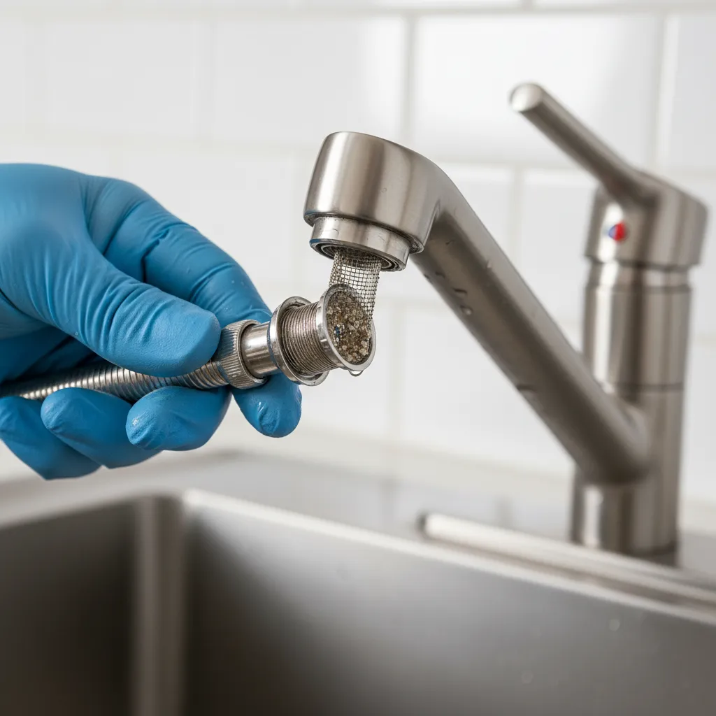 Hand in blue glove removing a dirty small metal filter from a modern kitchen faucet