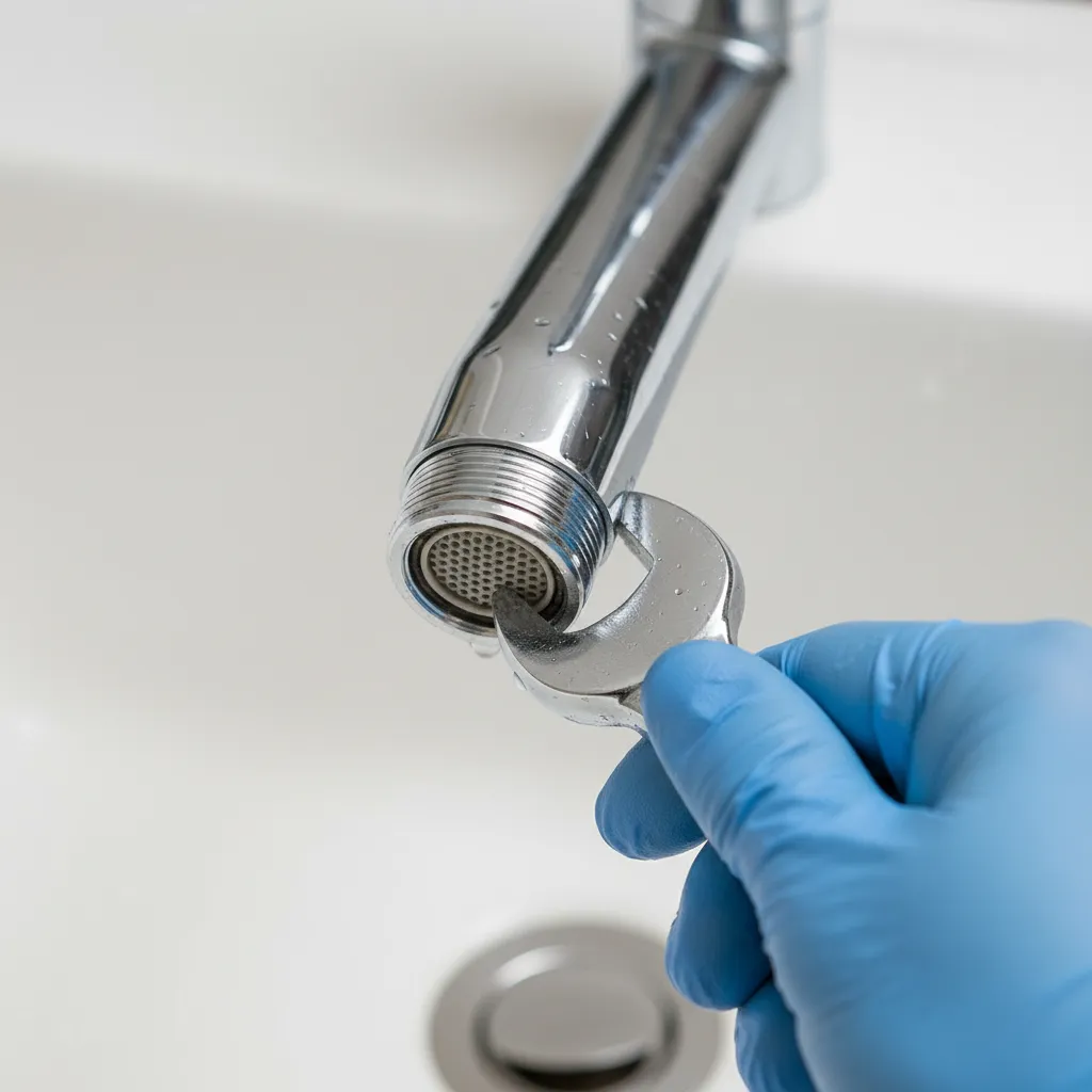 Close-up of faucet aerator being removed and cleaned from kitchen tap