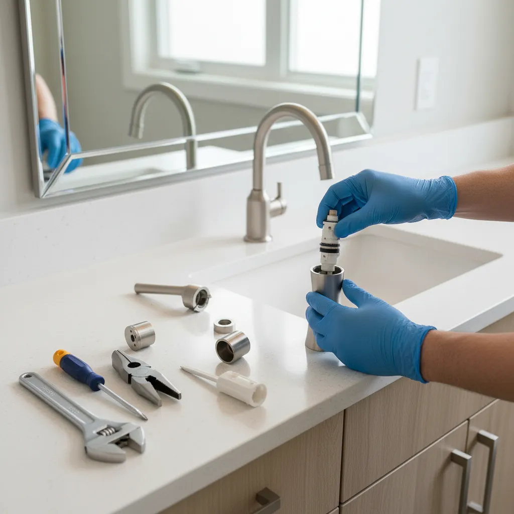 plumber replacing faucet cartridge inside a bathroom fixture