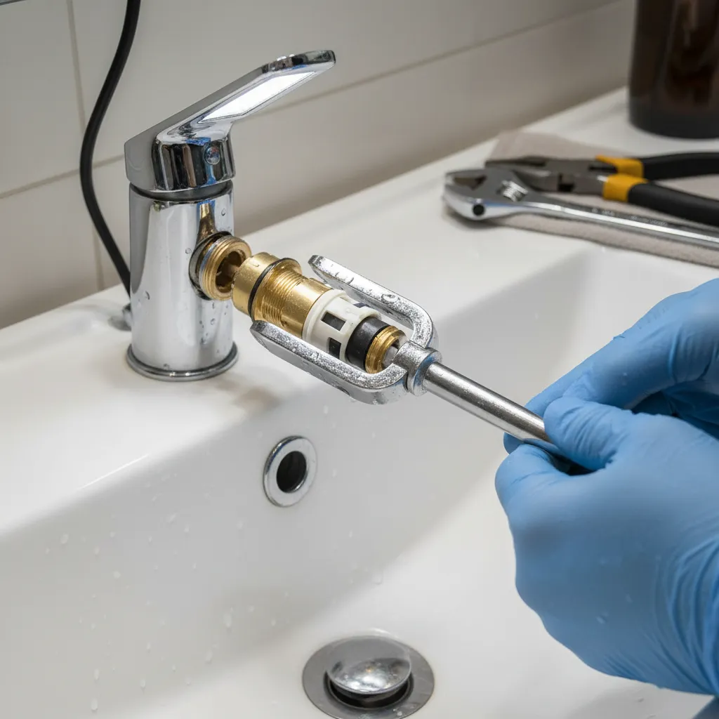 Close view of faucet cartridge being removed during Jaguar faucet leak repair