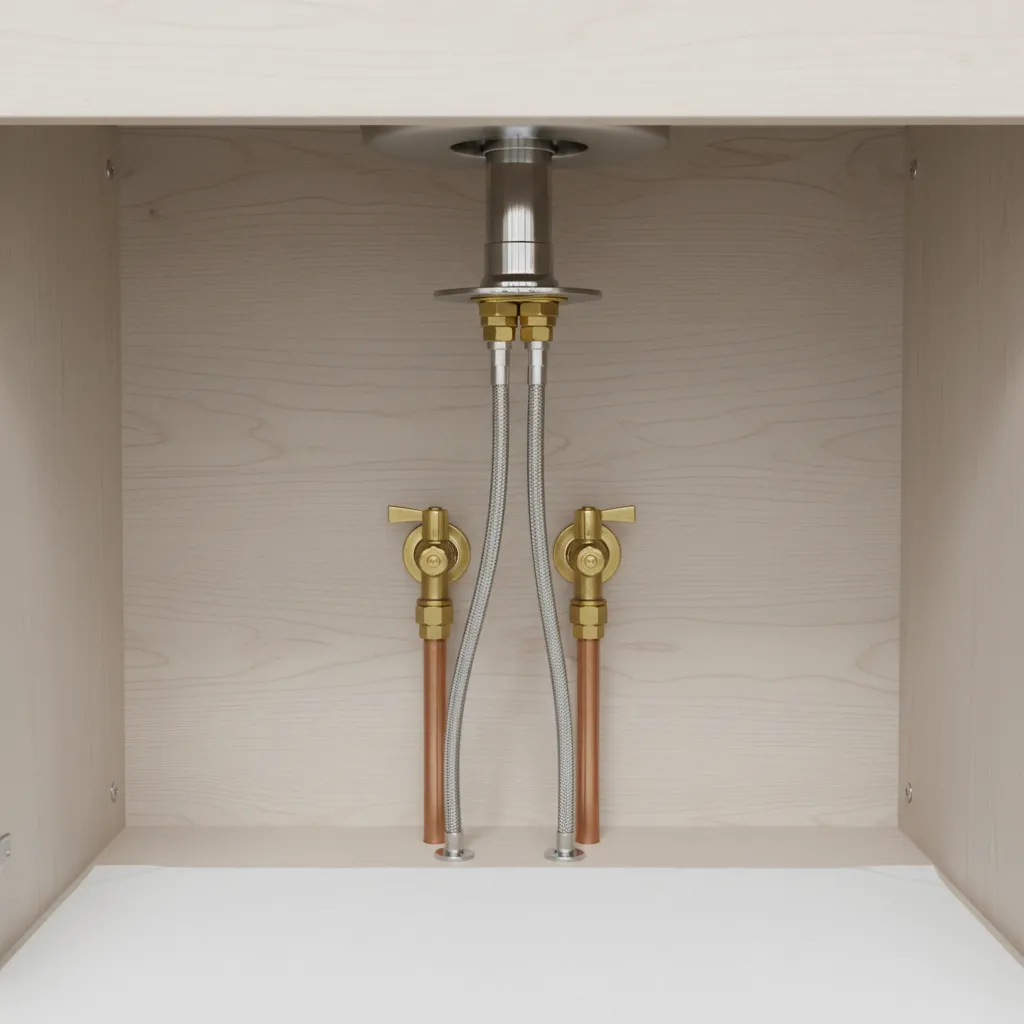 Under-sink view showing faucet mounting hardware and supply lines