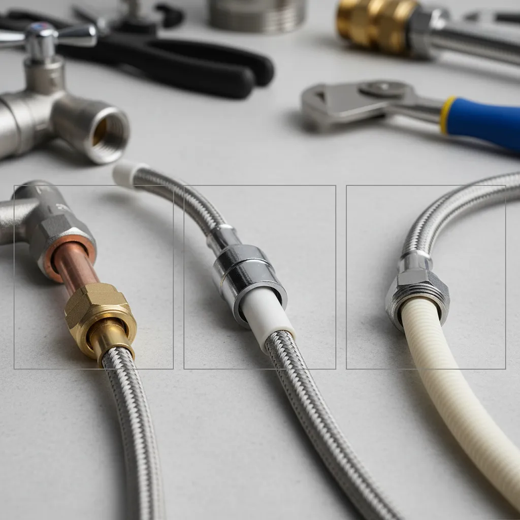 Different kitchen faucet supply line connections including compression fittings and braided hoses