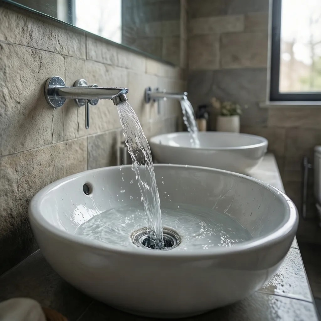 wall faucet water stream landing near sink drain to prevent splash