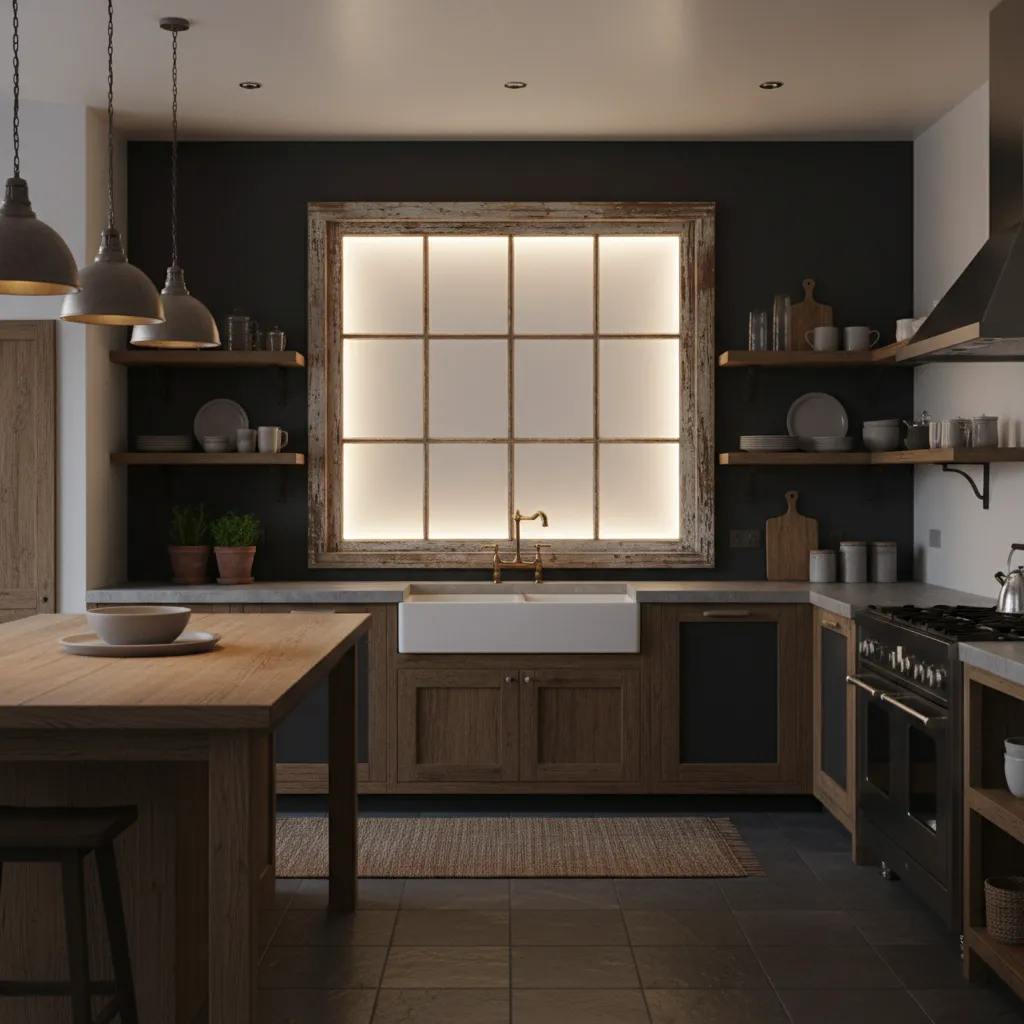 faux window made from vintage frame with back lighting in dark kitchen