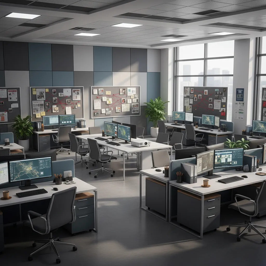 FBI field office workspace with agents coordinating investigations