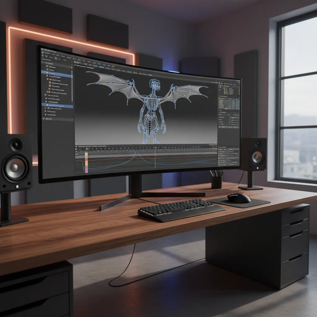 Character rigging and animation timeline in professional 3D software