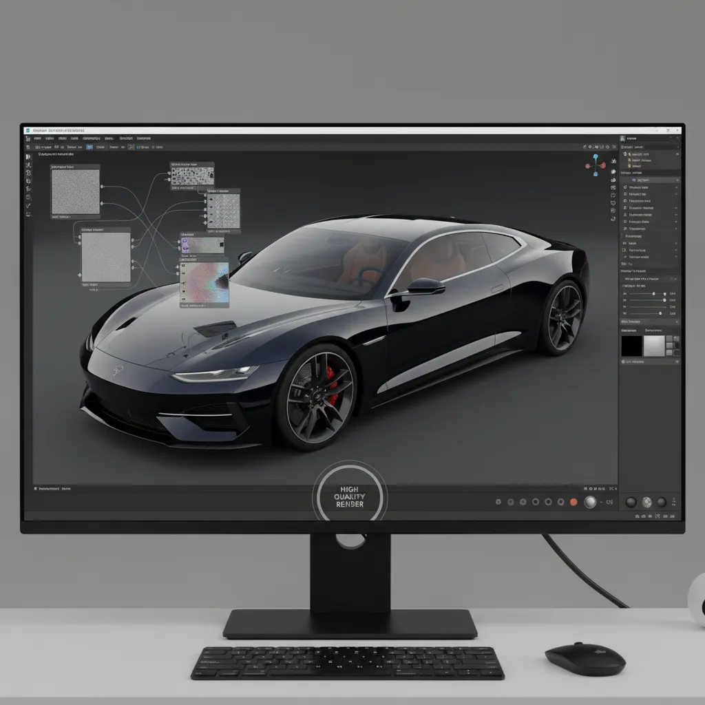 material editor showing car paint textures applied to vehicle model