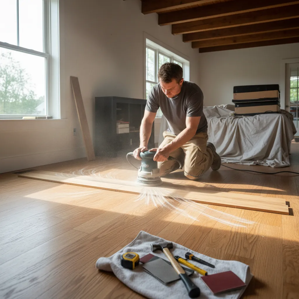 Person sanding hardwood floor repair area with feather sanding technique