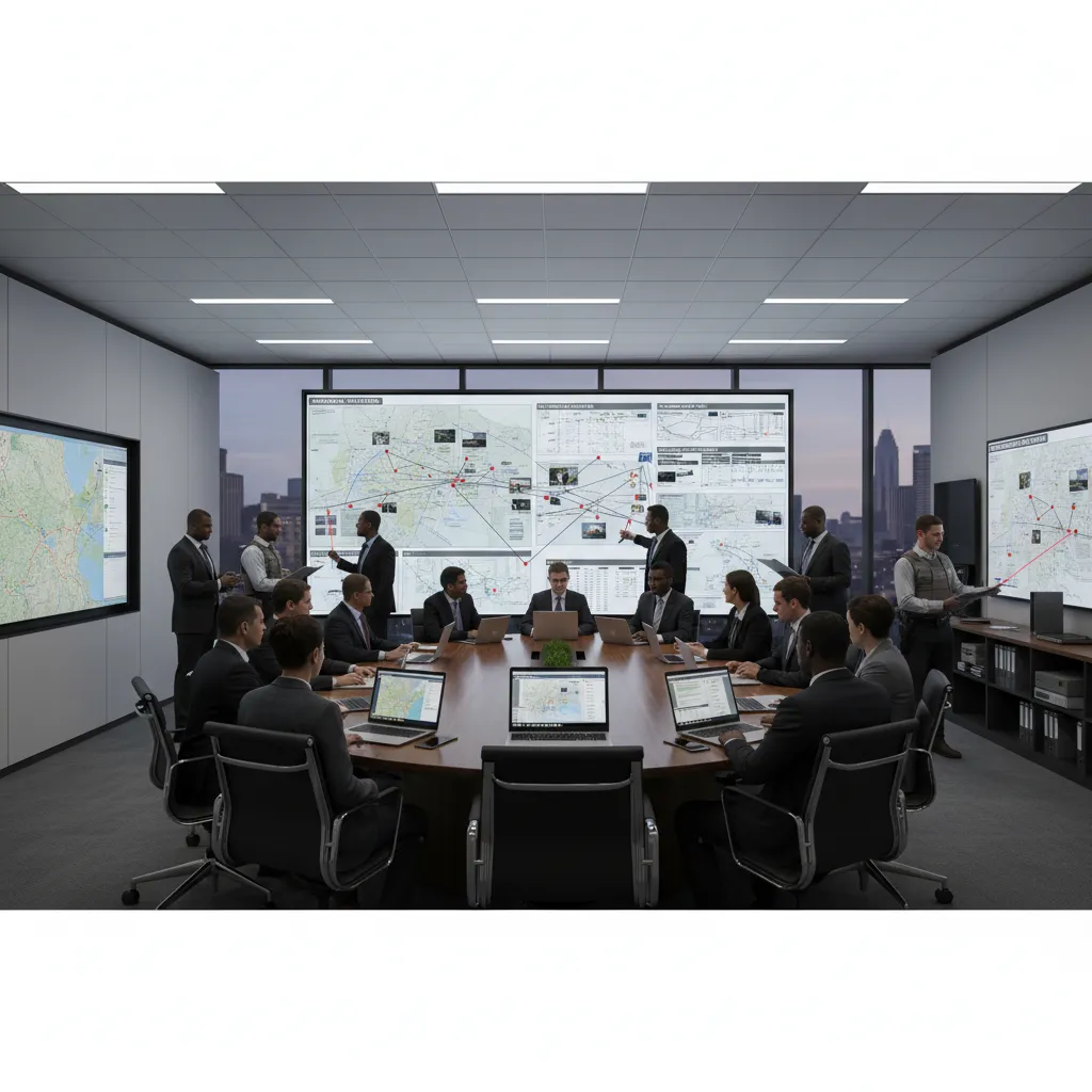 Federal law enforcement strategy meeting room with investigative planning boards