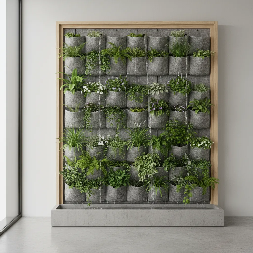 felt pocket vertical garden system with layered fabric pockets holding plants