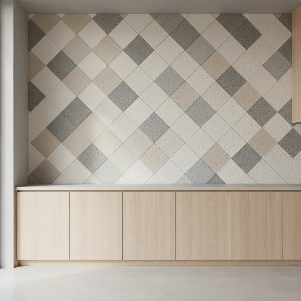 Diamond quilt pattern made from felt wall tiles in kitchen accent wall