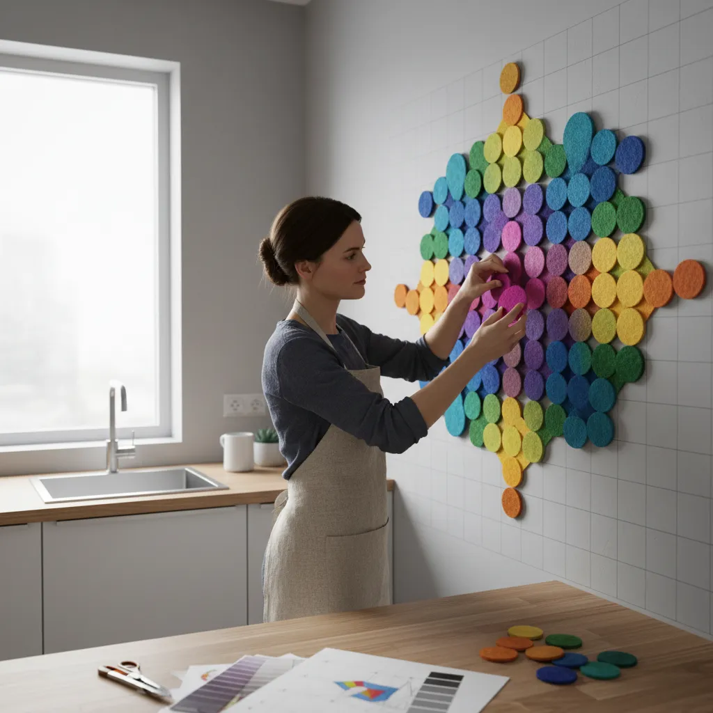 Designer planning quilt layout using colored felt tiles on wall
