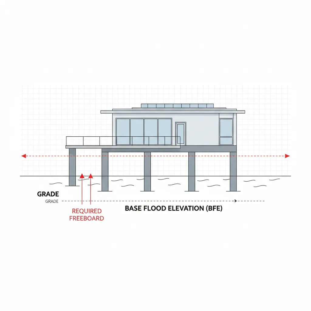 Diagram showing base flood elevation and raised coastal home
