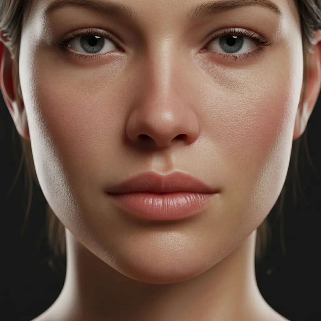 Close up of realistic female 3D character skin shader with subsurface scattering