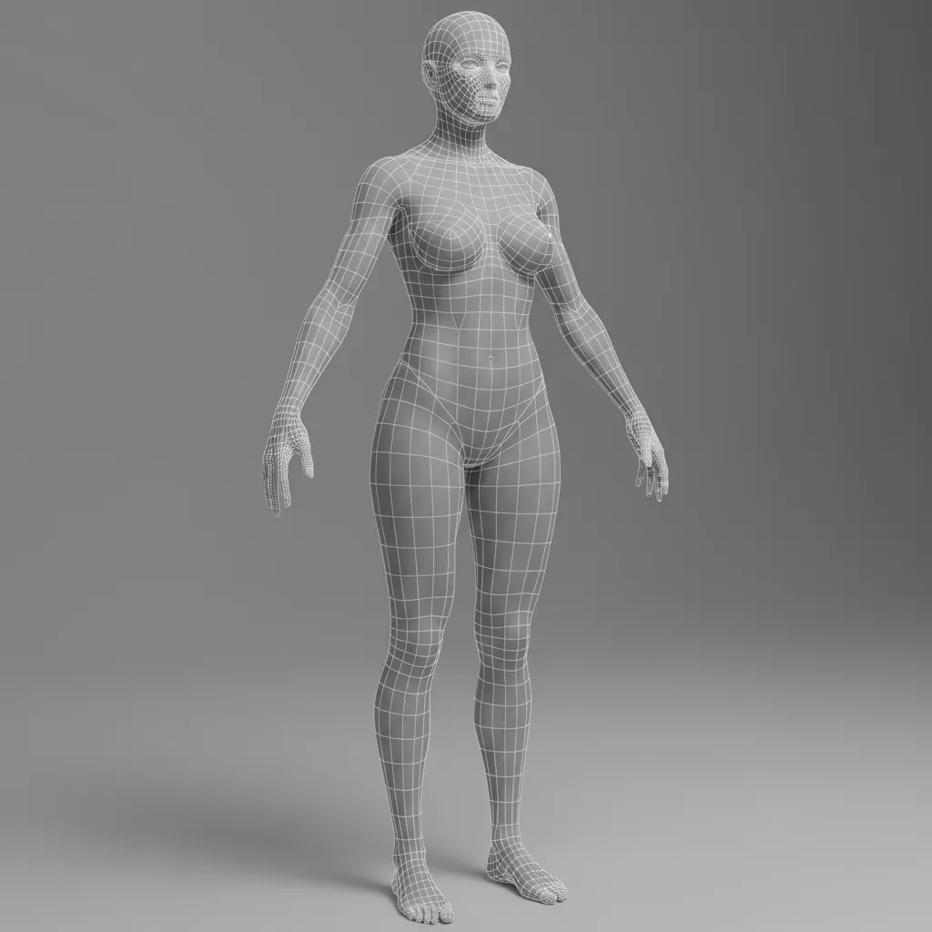 Female 3D character topology wireframe showing clean quad mesh structure