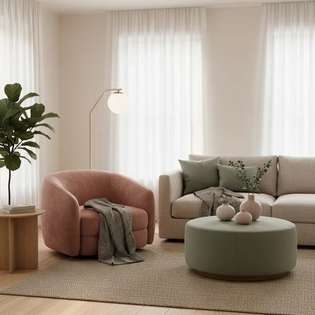 Interior showing dusty rose beige and sage green feminine color palette