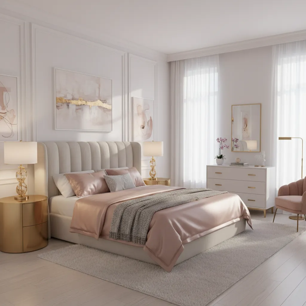 modern feminine glam bedroom with blush pink bedding and gold lighting