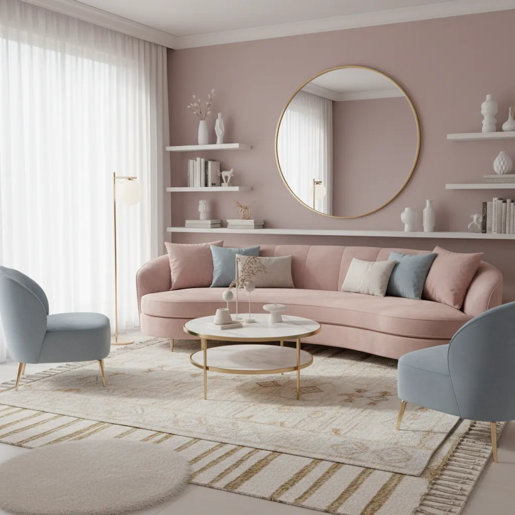 Elegant feminine living room with curved sofa velvet cushions and soft pastel decor