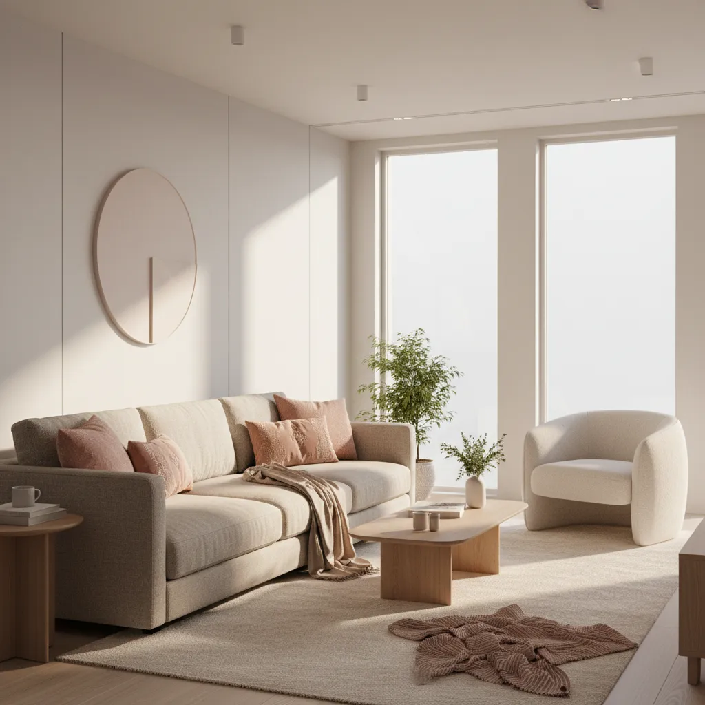 Modern living room blending minimalist layout with soft feminine textures and curved furniture