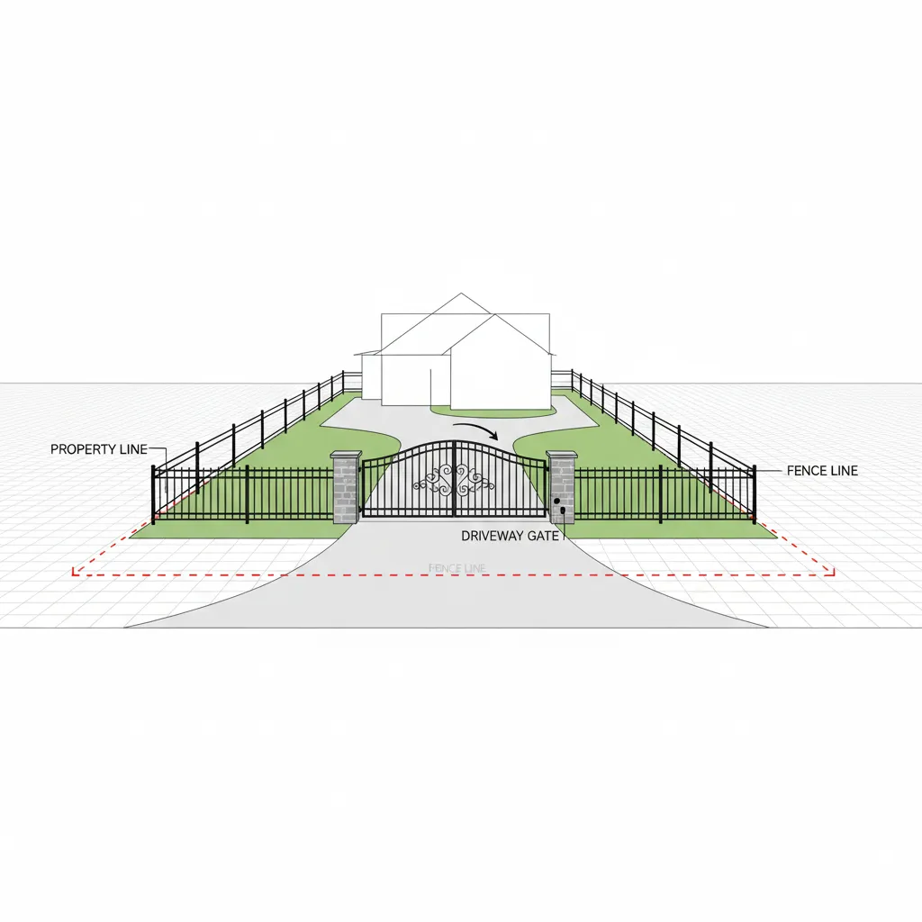Architectural diagram showing property line, driveway gate, and fence alignment in residential site planning