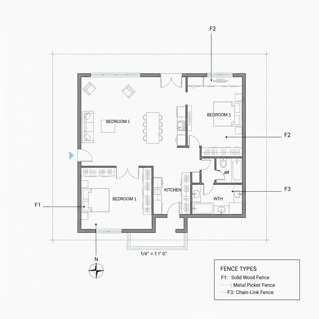 Architectural floor plan showing fence labeling and annotation arrows