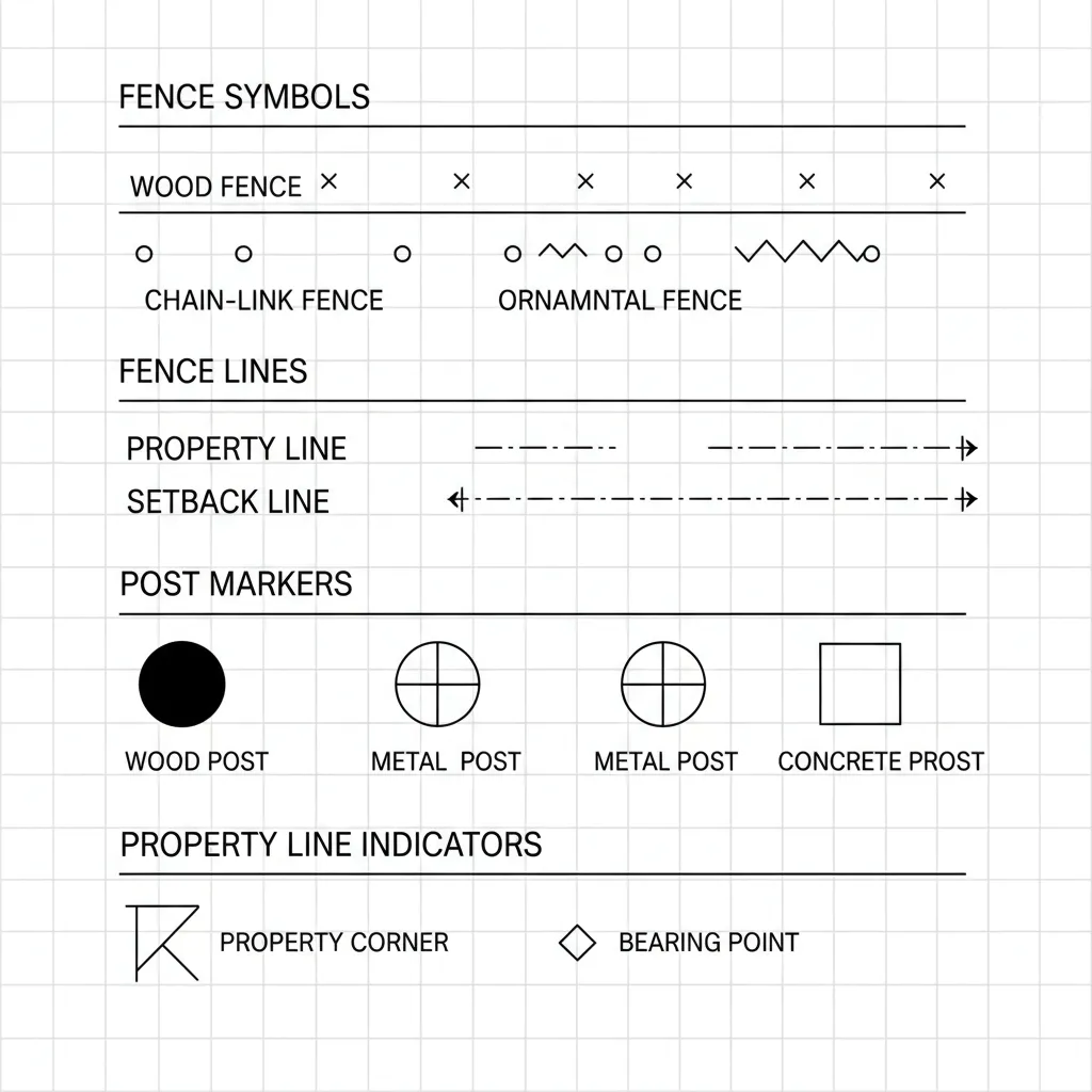 Architectural drafting symbols showing fence line types and post spacing