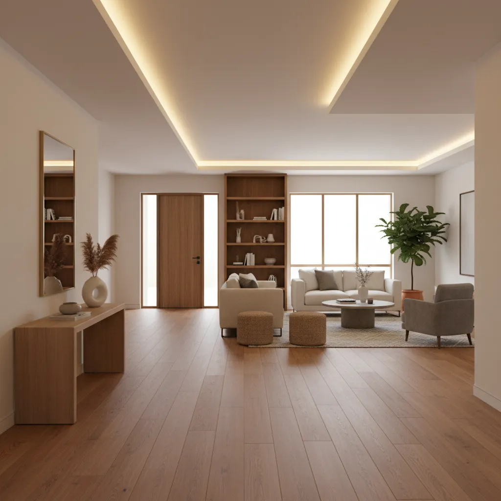 home entry with hardwood planks guiding movement from front door toward living space