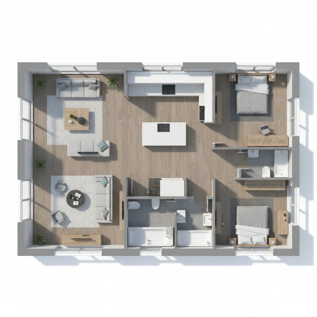 Plano de vivienda mostrando distribución equilibrada según feng shui
