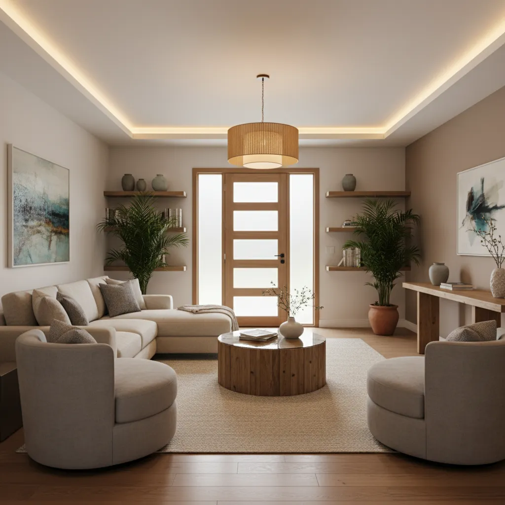 Sala de estar con sofá orientado hacia la entrada siguiendo principios feng shui