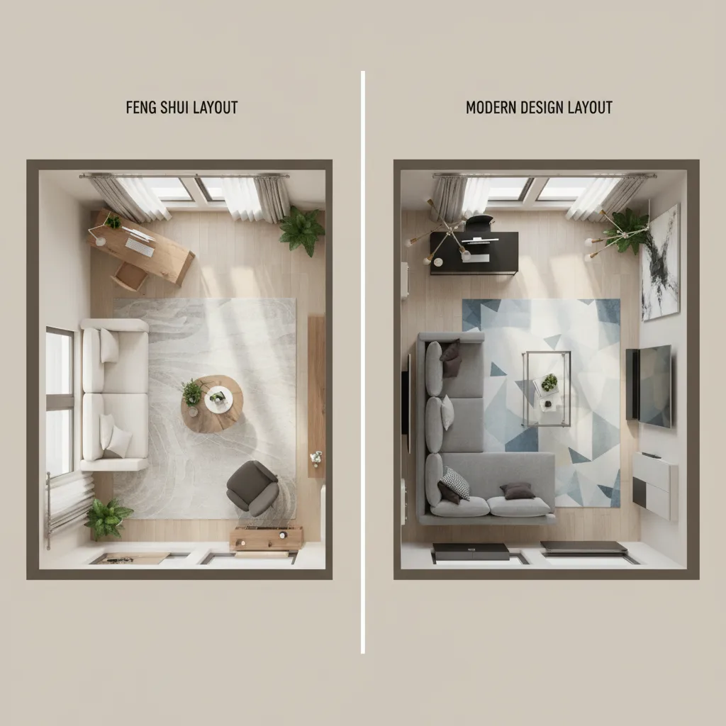 Diagram style comparison of feng shui furniture placement and modern layout principles