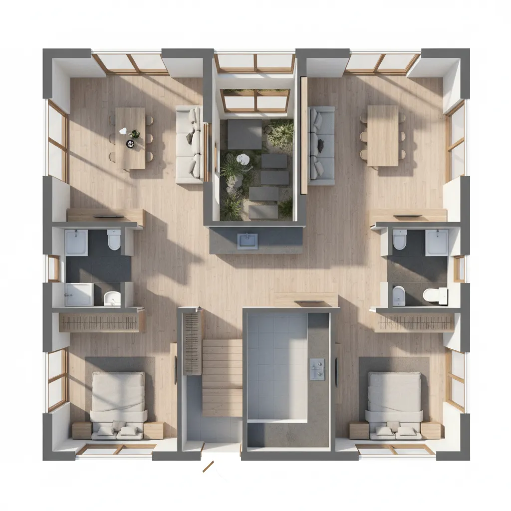 Interior design drawing of house layout with wood floors two bedrooms dining tables and garden