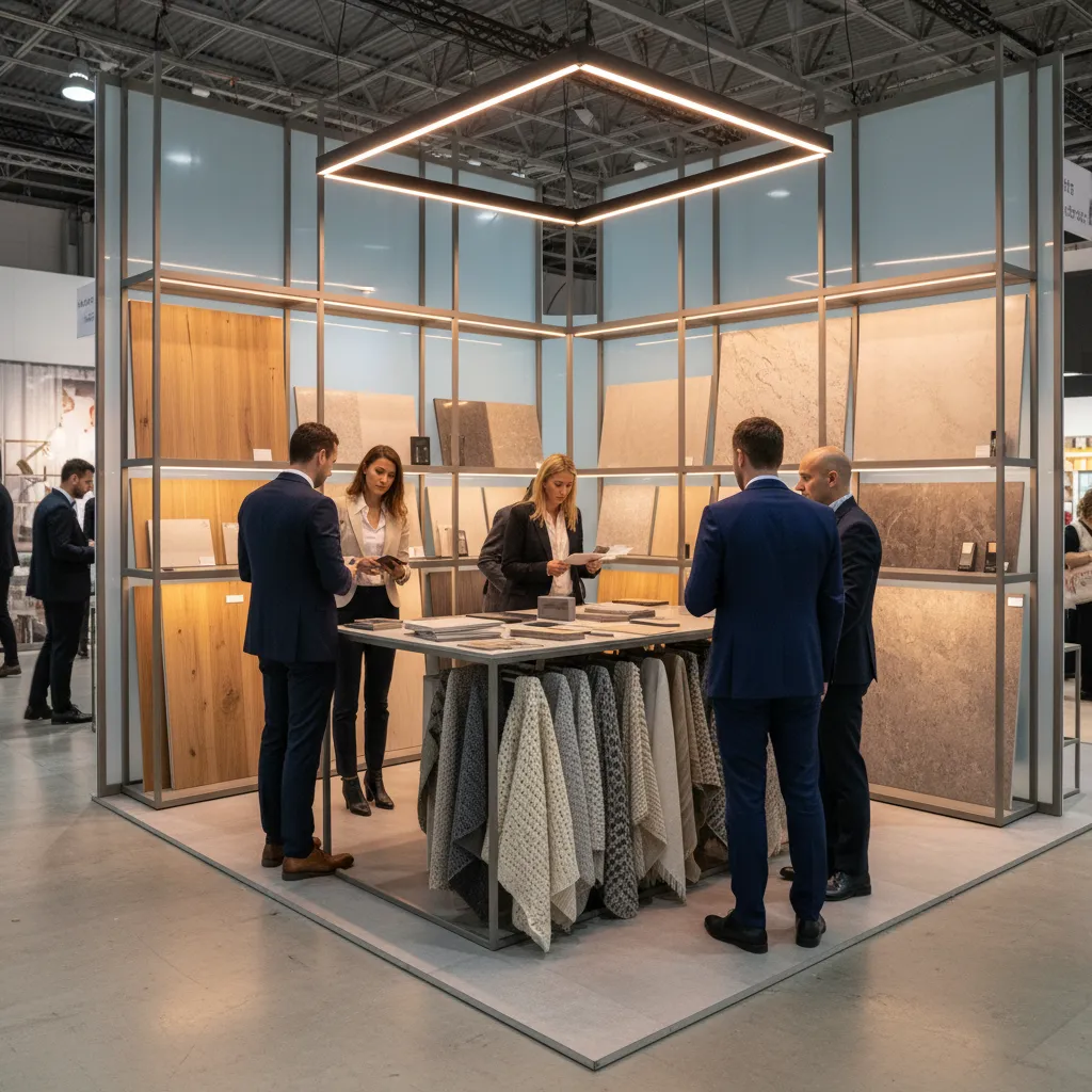 Exposición de materiales y mobiliario en una feria de diseño de interiores