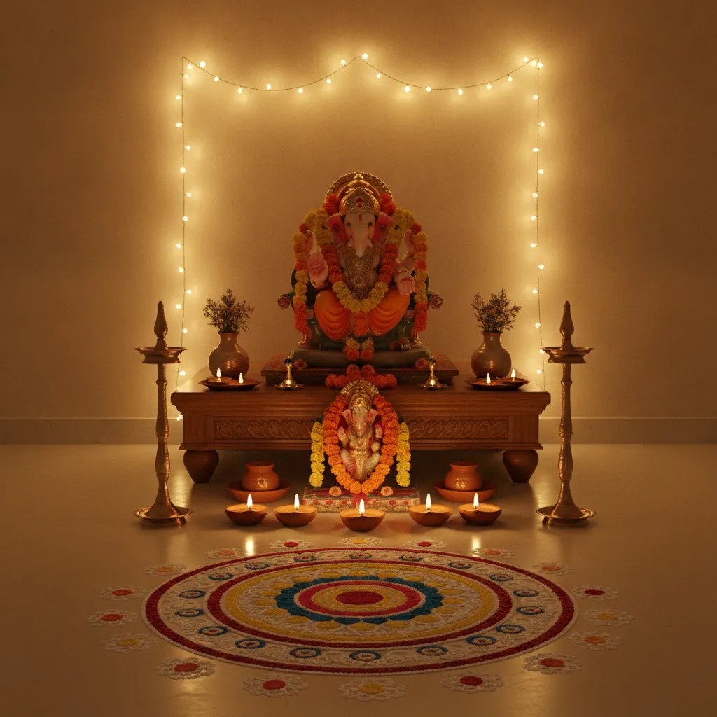 Festival pooja decoration with diyas and lights