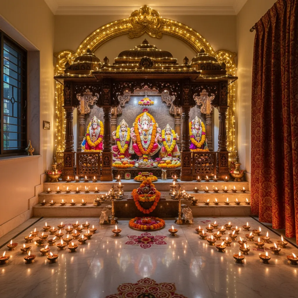 pooja room decorated with diyas and warm string lights during festival