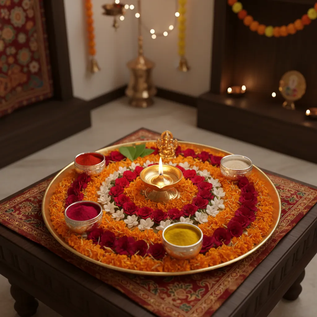 Festive pooja thali decorated with mixed flowers and diya