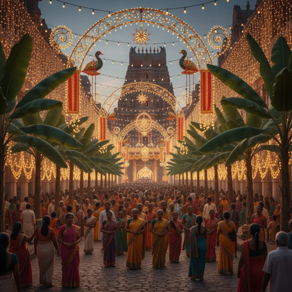 Festival street decorated with rows of artificial banana trees