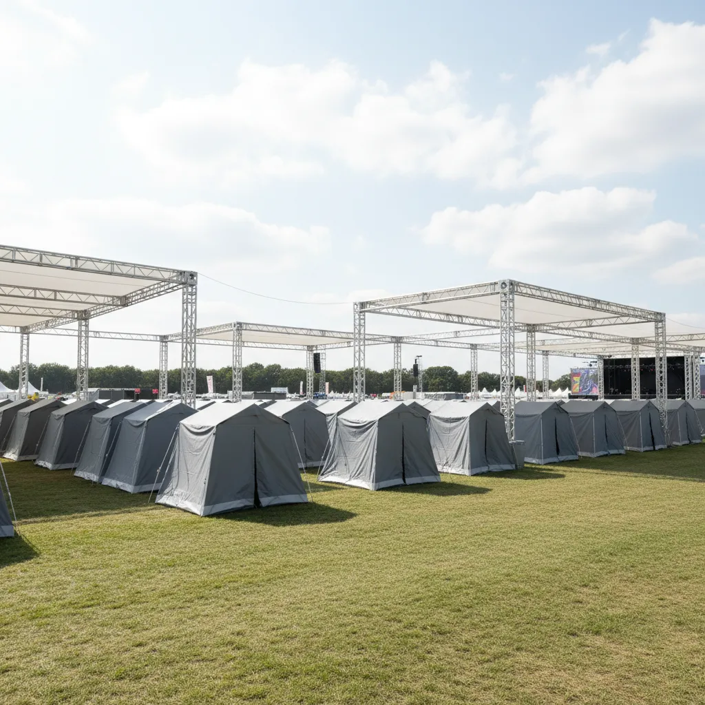 Portable changing tents at an outdoor festival event area