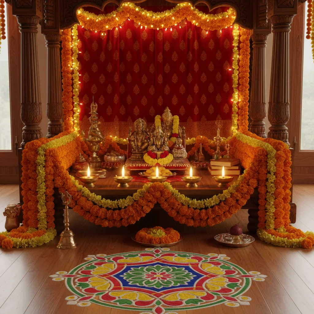 Festive pooja chowki decoration with rangoli diyas and flowers
