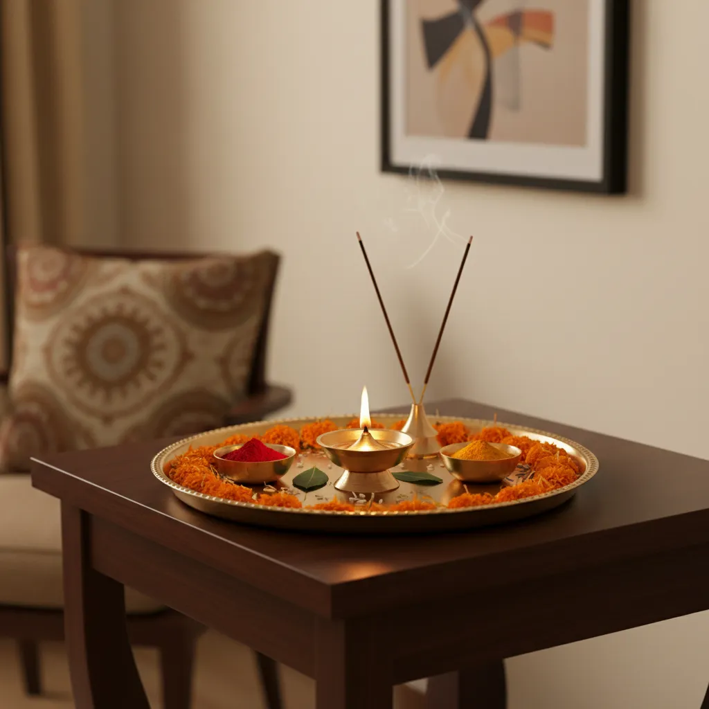 festive pooja thali for small spaces with diya and marigold petals