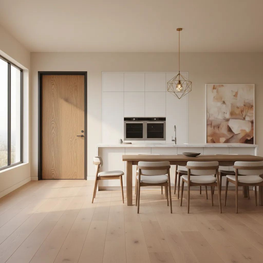 fiberglass exterior door with wood texture next to kitchen dining area