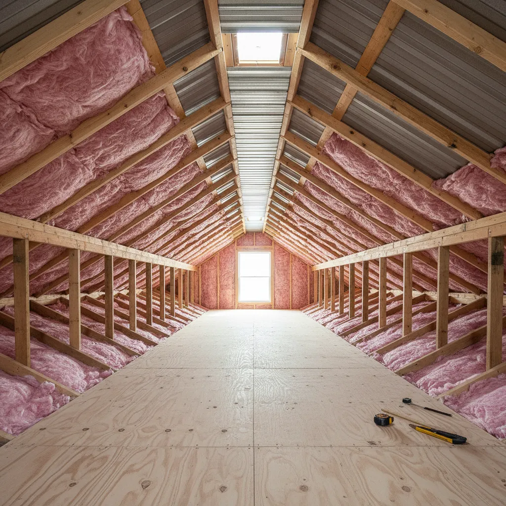 Fiberglass batt insulation installed between roof rafters under metal roofing