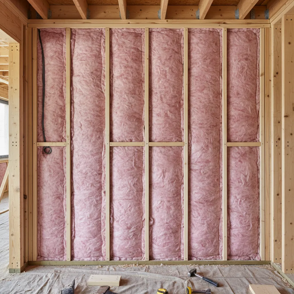 Fiberglass batt insulation installed between wooden wall studs