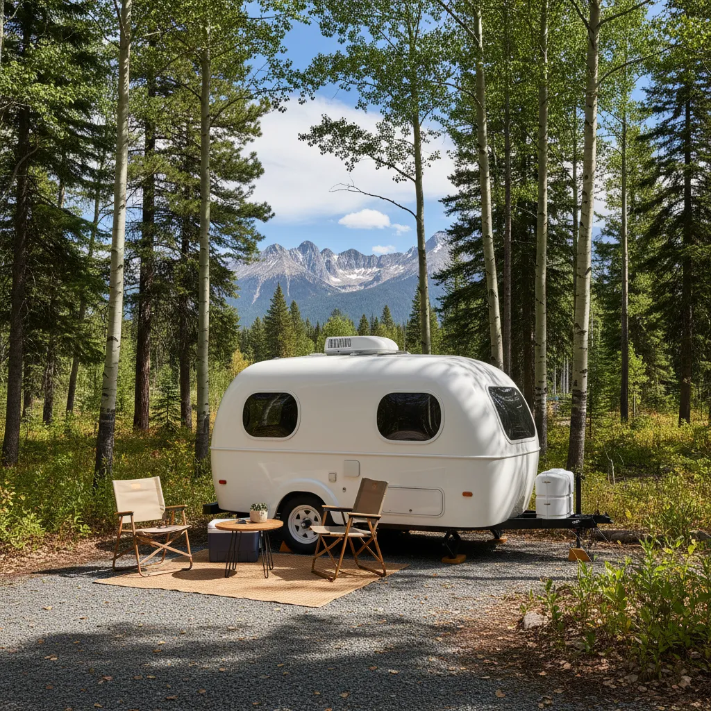 Compact fiberglass travel trailer parked at a forest campsite with outdoor seating