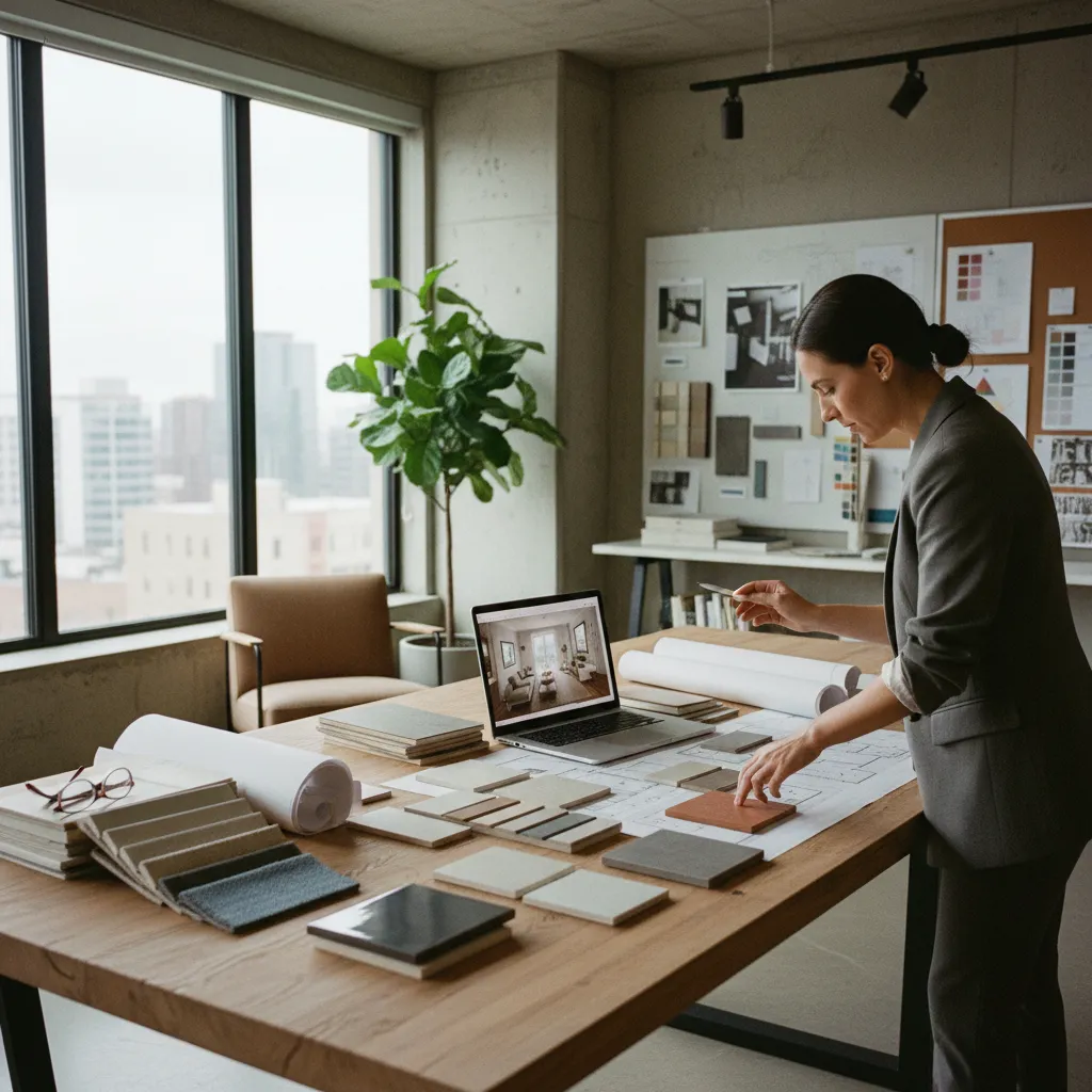 Professional woman examining interior design drawing and material samples on a desk with a laptop