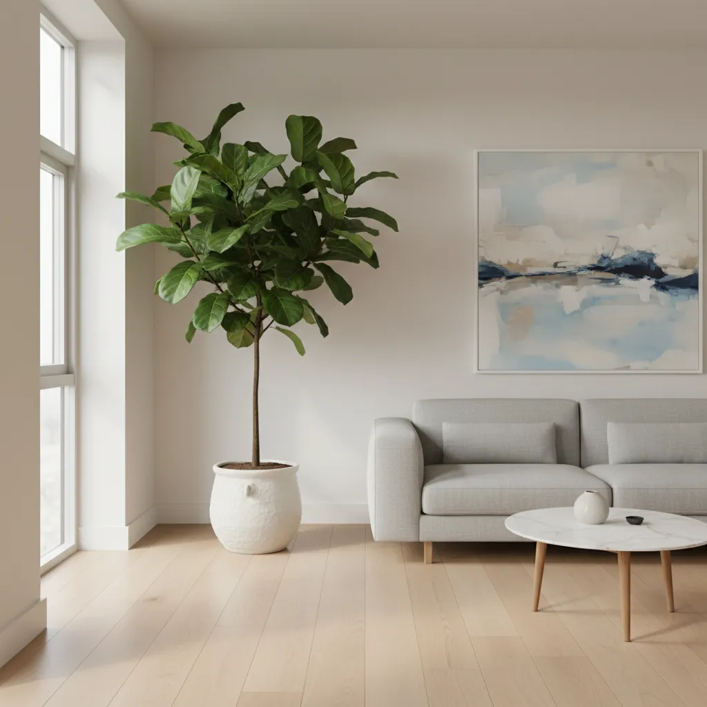 Minimalist living room with large green plant, grey sofa, marble coffee table, and blue art