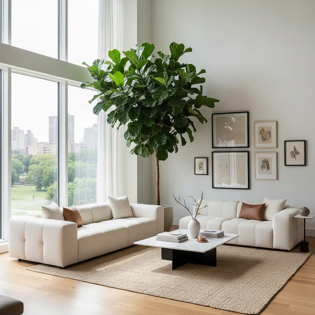 Ficus lyrata alto junto a un sofá en un salón luminoso