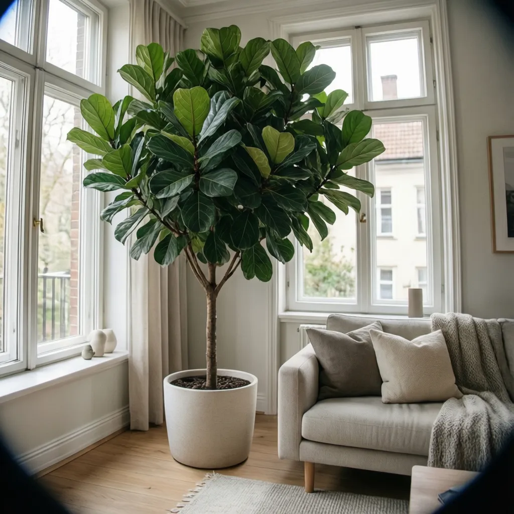 Large green plant in a white pot next to a beige sofa by a window