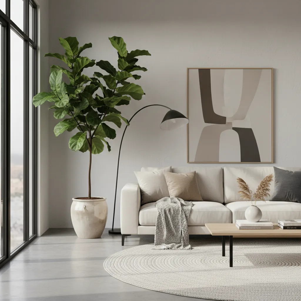 Modern living room corner with white sofa black floor lamp large potted plant and art