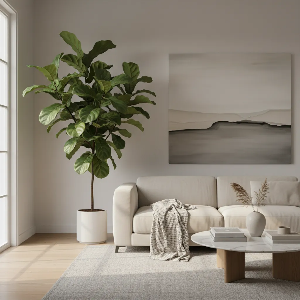 Ficus lyrata grande junto a sofá moderno