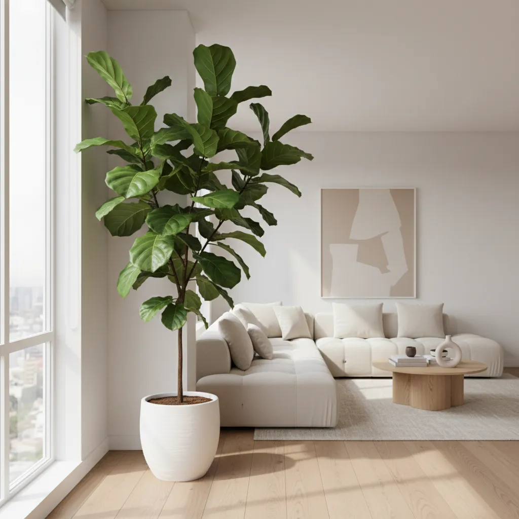 Ficus lyrata grande en una esquina luminosa del salón